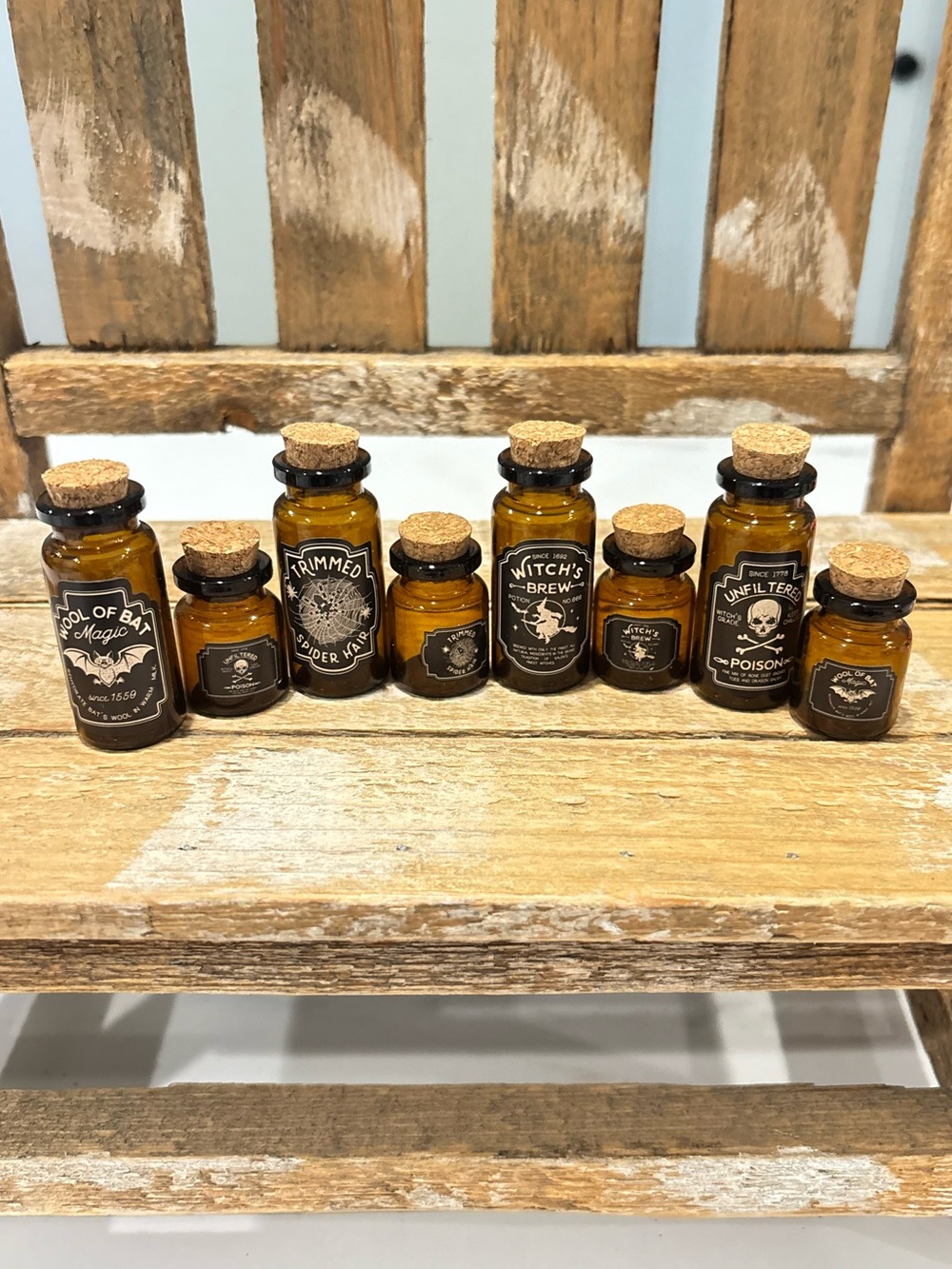 8 Miniature Brown Glass Potion Bottles